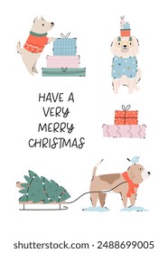 Winter Christmas greeting card with holiday dogs and gift boxes.