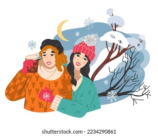 Winter Christmas greeting greeting card template with women or young girls having fun in cold snowy weather, flat vector illustration isolated on white background.