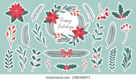 Winter Christmas hand drawn plants stickers set. Christmas botanical elements. Holiday Xmas decor, wreath, garland, branches, flowers, berries, leaves.