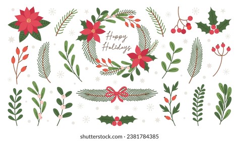 Winter Christmas hand drawn plants set. Christmas botanical elements. Holiday Xmas decor, wreath, garland, branches, flowers, berries, leaves.