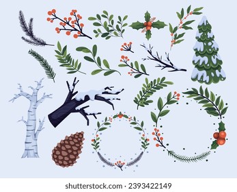 El invierno y la Navidad son elementos botánicos hechos a mano que incluyen hojas, ramas, pinecones, coronas y bayas. Perfecto para tarjetas de felicitación, postales, tarjetas de invitación, etc.