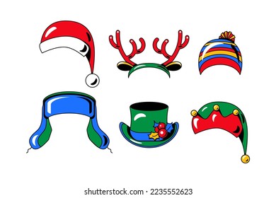 Vector de la colección de prendas de cabeza de navidad de invierno. Hormigas de venado y sombrero de elfo, dirección alta de santa claus y bizcocho y hojas de navidad decorados en la parte superior. Ilustración de dibujos animados con dibujos de tipo ushanka y gorra plana para niños