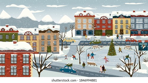 Winter and christmas holiday city landscape. Vector illustration of cute scandinavian town with ice skating rink. Family with kids playing snow on a street. Winter season background poster