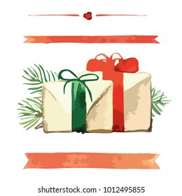 Winter Christmas holiday decor ribbon and present vector watercolor style illustration set