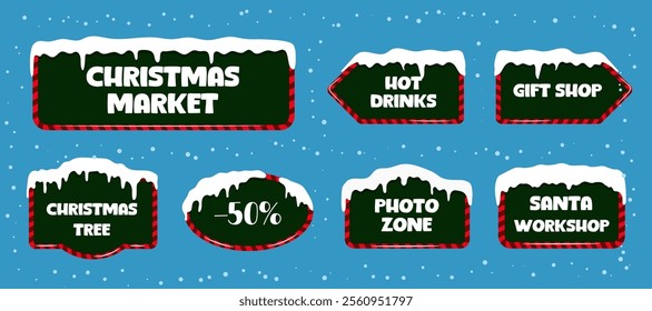 Winter Christmas holiday frames for text. New Year signs and banners with snow. Candy cane badges different shapes with green background. 