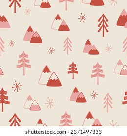 winter Christmas holiday pattern of Christmas trees and mountains in pink