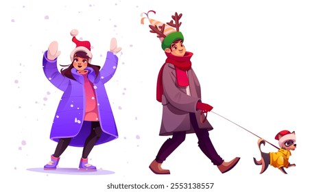 Winter Christmas holiday people character walk. Happy woman in Santa hat walking in snow. Man with dog on xmas eve in outdoor clothes. Trendy and fun New Year person in park isolated icon set