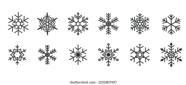 Invierno Navidad conjunto de diseños de iconos de copos de nieve diferentes en negro plano. Artículos de arte lineal con elementos decorativos de vacaciones de cristal aislados en un fondo blanco.