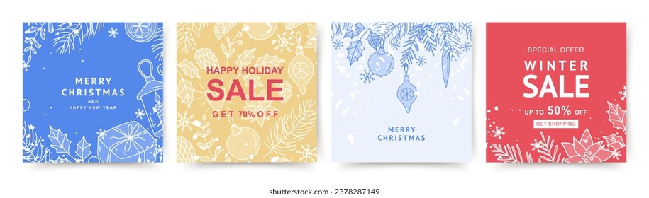 Winter Christmas holidays banner templates with Christmas tree branches and snowflakes. Winter sale on social networks. Vector for greeting card, mobile app, social media post design, poster, flyer