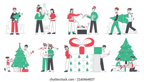 Winter Christmas holidays celebrating, gifts boxes and xmas tree decorating. Family and friends New Year celebration vector illustration set. People celebrating Christmas and New Year