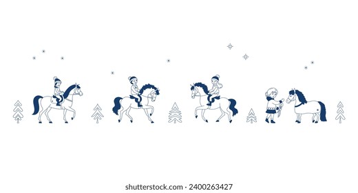 Winter, Christmas holidays, children riding horses, vector illustration