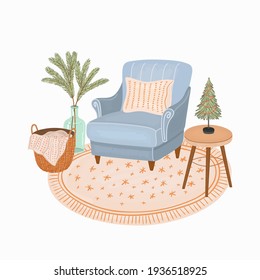 Winter and Christmas home interior vector illustration. Hand drawn armchair, table, rug, vase, cosy winter scene