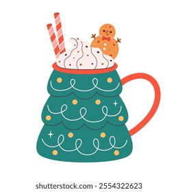 Winter Christmas hot drink decorated with sweet whipped cream, candy cane, gingerbread. Cute mug in the shape of Christmas tree. Vector illustration in flat style