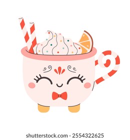 Winter Christmas hot drink decorated with sweet whipped cream, candy cane, orange. Cute Christmas mug. Vector illustration in flat style