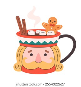 Winter Christmas hot drink decorated with sweets, marshmallows, cinnamon, gingerbread. Cute Christmas mug in the shape of Nutcracker. Vector illustration in flat style