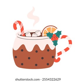 Winter Christmas hot drink decorated with sweets, marshmallows, candy cane, orange. Cute Christmas mug. Vector illustration in flat style