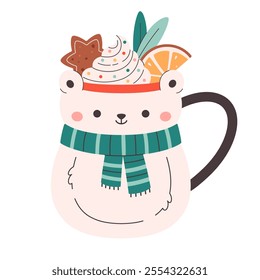 Winter Christmas hot drink decorated with sweet whipped cream, orange, gingerbread. Cute Christmas mug in the shape of Polar Bear. Vector illustration in flat style