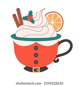 Winter Christmas hot drink decorated with sweet whipped cream, orange, cinnamon. Cute Christmas mug. Vector illustration in flat style