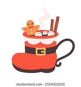 Winter Christmas hot drink decorated with sweets, marshmallows, cinnamon, gingerbread. Cute Christmas mug in the shape of Santa's boot. Vector illustration in flat style