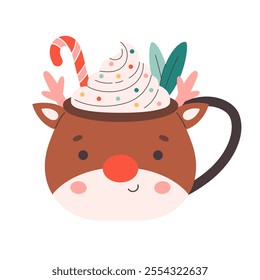 Winter Christmas hot drink decorated with sweet whipped cream, candy cane. Cute Christmas mug in the shape of Santa's deer. Vector illustration in flat style