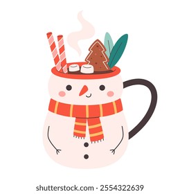 Winter Christmas hot drink decorated with sweets, marshmallows, candy cane, gingerbread. Cute Christmas mug in the shape of snowman. Vector illustration in flat style