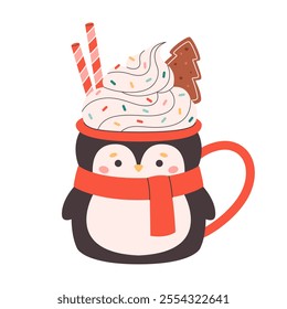 Winter Christmas hot drink decorated with sweet whipped cream, candy cane, gingerbread. Cute mug in the shape of penguin. Vector illustration in flat style