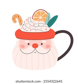 Winter Christmas hot drink decorated with sweet whipped cream, orange, gingerbread. Cute Christmas mug in the shape of Santa. Vector illustration in flat style