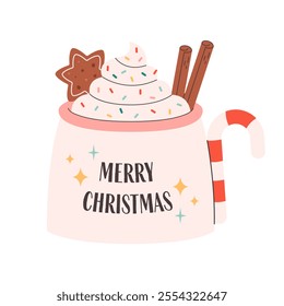 Winter Christmas hot drink decorated with sweet whipped cream, cinnamon, gingerbread. Cute Christmas mug. Vector illustration in flat style