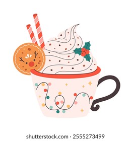 Winter Christmas hot drink decorated with sweet whipped cream, candy sticks, gingerbread, chocolate drops. Cute Christmas mug. Vector illustration in flat style