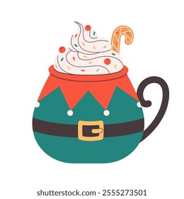 Winter Christmas hot drink decorated with sweet whipped cream, gingerbread, confectionery sprinkles. Cute Christmas mug in the shape of elf costume. Vector illustration in flat style