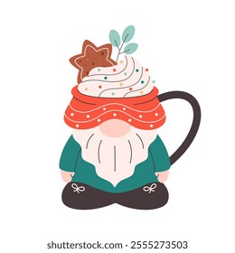 Winter Christmas hot drink decorated with sweet whipped cream, gingerbread, confectionery sprinkles. Cute Christmas mug in the shape of gnome. Vector illustration in flat style