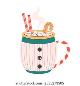 Winter Christmas hot drink decorated with candy sticks, gingerbread, marshmallows. Cute Christmas mug. Vector illustration in flat style