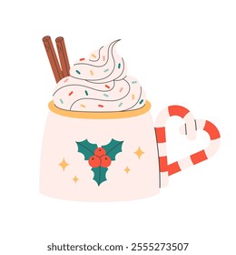 Winter Christmas hot drink decorated with sweet whipped cream, cinnamon sticks, confectionery sprinkles. Cute Christmas mug. Vector illustration in flat style