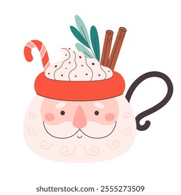 Winter Christmas hot drink decorated with sweet whipped cream, cinnamon sticks, candy cane. Cute Christmas mug in the shape of Santa. Vector illustration in flat style