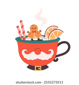 Winter Christmas hot drink decorated with sweets, marshmallows, candy sticks, gingerbread, orange. Cute Christmas mug. Vector illustration in flat style