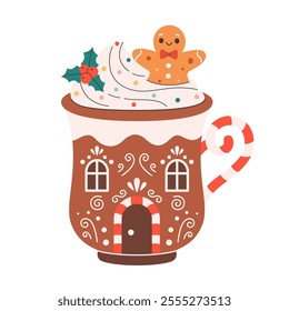 Winter Christmas hot drink decorated with sweet whipped cream, gingerbread man, confectionery sprinkles. Cute Christmas mug in the shape of gingerbread house. Vector illustration in flat style