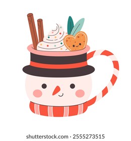 Winter Christmas hot drink decorated with sweet whipped cream, cinnamon sticks, gingerbread. Cute Christmas mug in the shape of snowman. Vector illustration in flat style