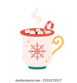 Winter Christmas hot drink decorated with marshmallows and candy cane. Cute Christmas mug with snowflake. Vector illustration in flat style