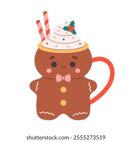 Winter Christmas hot drink decorated with sweet whipped cream, candy sticks, confectionery sprinkles. Cute Christmas mug in the shape of gingerbread man. Vector illustration in flat style