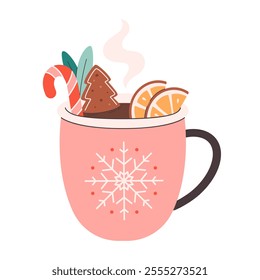 Winter Christmas hot drink decorated with candy cane, gingerbread, orange. Cute Christmas mug with snowflake. Vector illustration in flat style