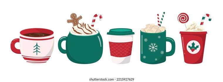 Winter Christmas hot drinks collection. Holiday mugs with coffee, chocolate, and cream. Gingerbread man cookie, candy cane, lollipop, marshmallows. Vector illustration