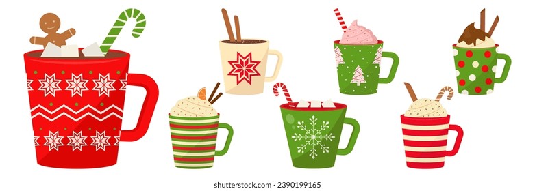 Winter Christmas hot drinks collection. Holiday mugs with coffee, chocolate, and cream. Gingerbread man cookie, candy cane, lollipop, marshmallows. Vector illustration