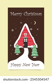 Winter Christmas house in A-frame style with tree. Greeting card for winter holidays. Vector flat illustration of a winter banner with the inscription Merry Christmas and Happy New Year.