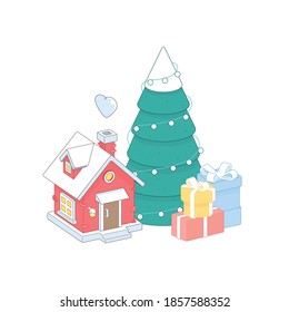 Casa navideña de invierno, árbol de fuego y regalos aislados en fondo blanco. 3.ª ilustración vectorial isométrica