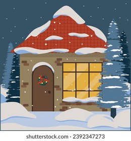 Casa navideña de invierno en medio del bosque. Ilustración del vector