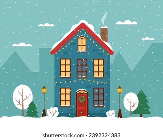 Winter Christmas house on sky background.