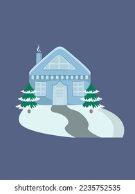 Winter Christmas house with path and Christmas trees.