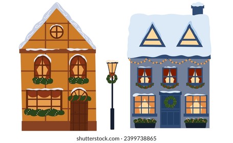 Winter Christmas house set. European houses building with Christmas decoration on facade. Cute flat home with snow on roof, decorated for Xmas, winter holiday. Vector illustration