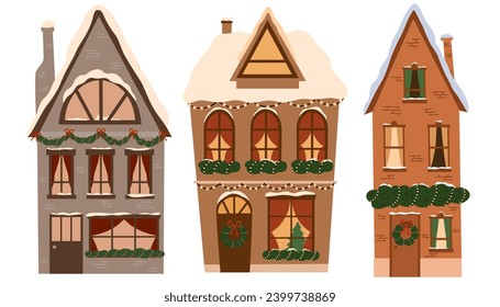 Winter Christmas house set. European houses building with Christmas decoration on facade. Cute flat home with snow on roof, decorated for Xmas, winter holiday. Vector illustration