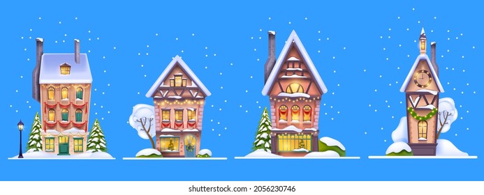 Winter Christmas house set, vector snow x-mas village street facade scene, small European town building. Noel night holiday cozy cityscape, pine tree, snowdrift, decorated window. Winter house cottage